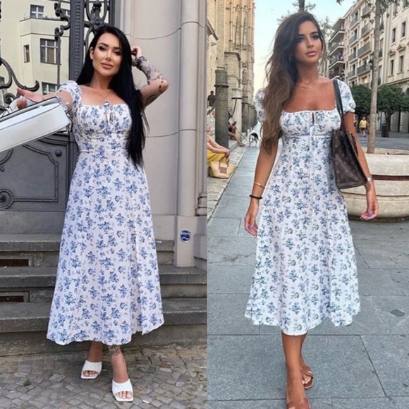 Floral Print White Flared Dress Puff Short Sleeve Leg Slit - Picture 14 of 16